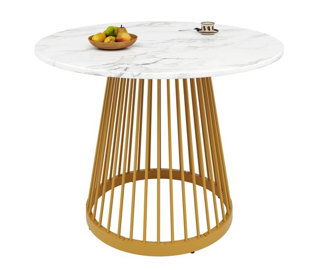 Mesa redonda 80x80x76 cm - mesa de cocina, mesa de café para 4 personas, con patas de metal y tablero mdf marmoleado - dorada