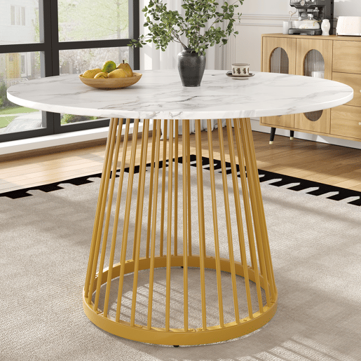 Mesa redonda 80x80x76 cm - Mesa de cozinha, mesa de café para 4 pessoas, com pernas de metal e tampo em MDF marmorizado - Dourada
