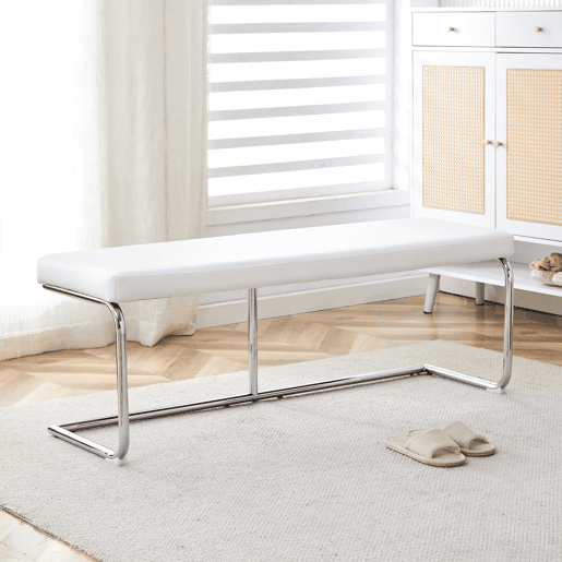 Banco de couro 130 cm - Moderno com estrutura cromada - Branco