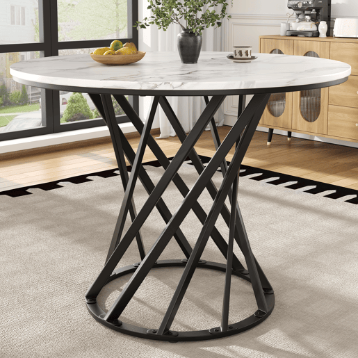Mesa redonda 80x80x76 cm - Mesa de cozinha, mesa de café para 4 pessoas, adequada para sala de jantar e sala de estar, pernas metálicas, mesa de MDF com superfície marmorizada, pernas pretas