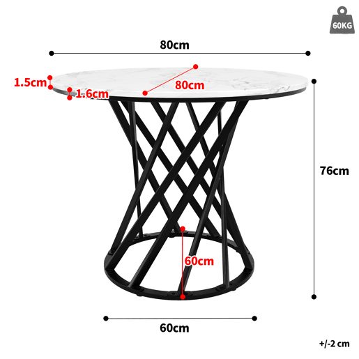Mesa redonda 80x80x76 cm - Mesa de cozinha, mesa de café para 4 pessoas, adequada para sala de jantar e sala de estar, pernas metálicas, mesa de MDF com superfície marmorizada, pernas pretas