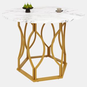 Mesa redonda 100x100 cm - Mesa de cozinha, mesa de café para 4 pessoas, com pernas metálicas e tampo em MDF marmorizado - Dourado+Branco