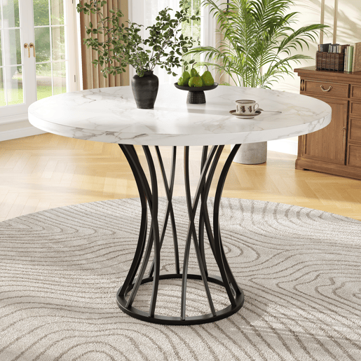 Mesa redonda 80x80 cm - mesa de jantar para 4-6 pessoas, com tampo em MDF marmorizado e pernas pretas