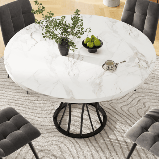 Mesa redonda 80x80 cm - mesa de jantar para 4-6 pessoas, com tampo em MDF marmorizado e pernas pretas