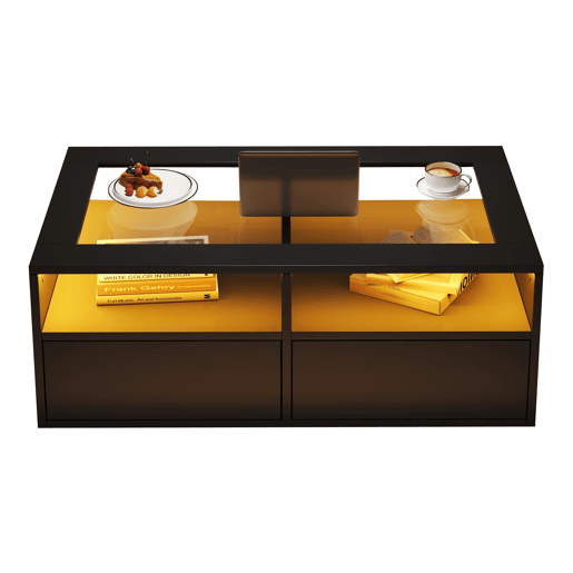 Mesa de centro 100x50x35 cm - 2 gavetas, LED, design de camada dupla, armazenamento aberto - Preto