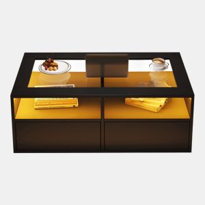 Mesa de centro 100x50x35 cm - 2 gavetas, LED, design de camada dupla, armazenamento aberto - Preto
