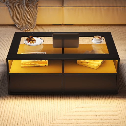 Mesa de centro 100x50x35 cm - 2 gavetas, LED, design de camada dupla, armazenamento aberto - Preto