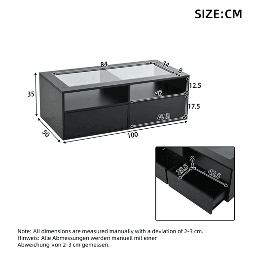 Mesa de centro 100x50x35 cm - 2 gavetas, LED, design de camada dupla, armazenamento aberto - Preto