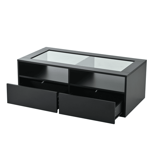 Mesa de centro 100x50x35 cm - 2 gavetas, LED, design de camada dupla, armazenamento aberto - Preto