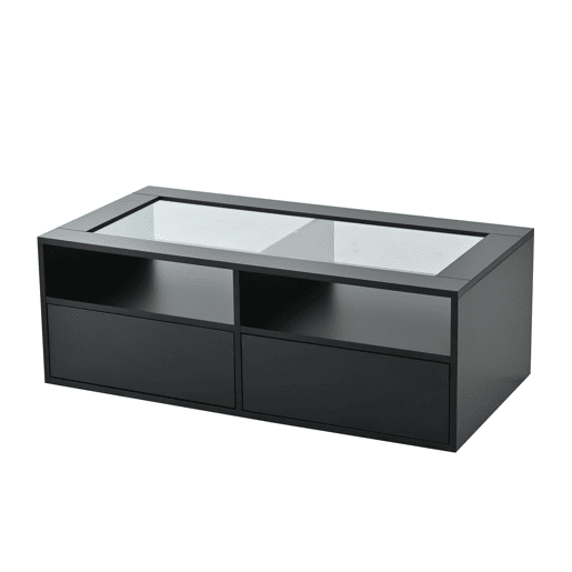 Mesa de centro 100x50x35 cm - 2 gavetas, LED, design de camada dupla, armazenamento aberto - Preto