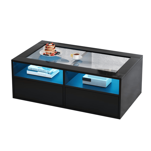 Mesa de centro 100x50x35 cm - 2 gavetas, LED, design de camada dupla, armazenamento aberto - Preto