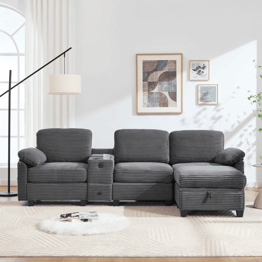 Sofá Cord 3 lugares - Conforto em espuma, consola central removível, USB-C, cinza escuro