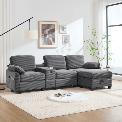 Sofá Cord 3 lugares - Conforto em espuma, consola central removível, USB-C, cinza escuro