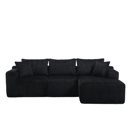Sofá modular de 3 lugares - Chaise longue, 5 almofadas, bolsos, suporte para bebidas, espuma densa - Preto