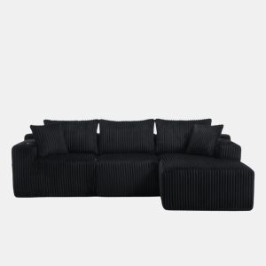 Sofá modular de 3 lugares - Chaise longue, 5 almofadas, bolsos, suporte para bebidas, espuma densa - Preto