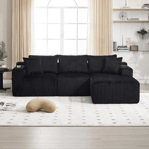 Sofá modular de 3 lugares - Chaise longue, 5 almofadas, bolsos, suporte para bebidas, espuma densa - Preto