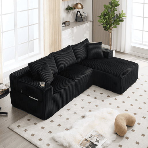 Sofá modular de 3 lugares - Chaise longue, 5 almofadas, bolsos, suporte para bebidas, espuma densa - Preto