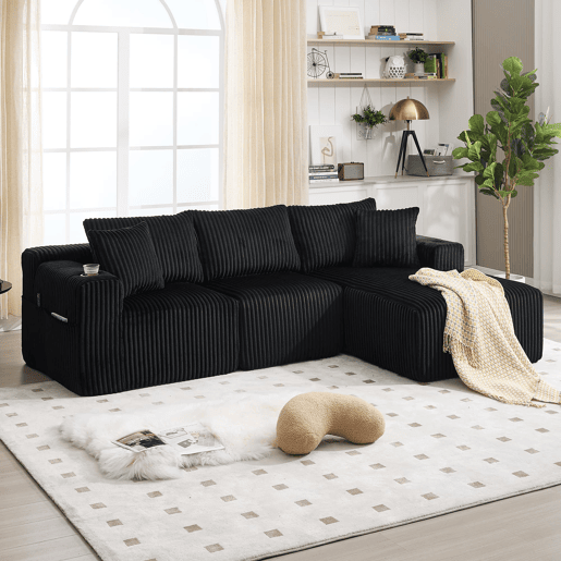 Sofá modular de 3 lugares - Chaise longue, 5 almofadas, bolsos, suporte para bebidas, espuma densa - Preto