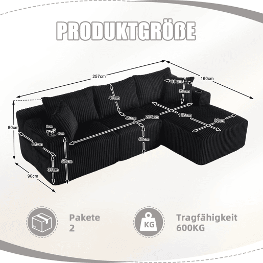 Sofá modular de 3 lugares - Chaise longue, 5 almofadas, bolsos, suporte para bebidas, espuma densa - Preto