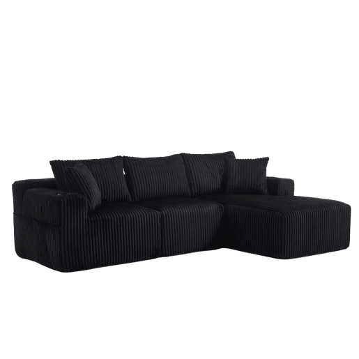 Sofá modular de 3 lugares - Chaise longue, 5 almofadas, bolsos, suporte para bebidas, espuma densa - Preto