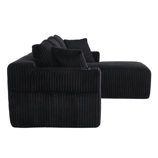 Sofá modular de 3 lugares - Chaise longue, 5 almofadas, bolsos, suporte para bebidas, espuma densa - Preto