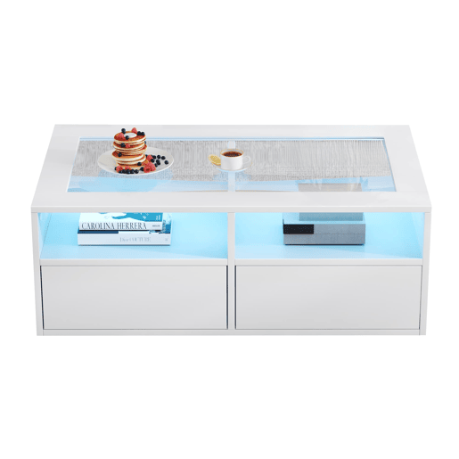 Mesa de centro 100x50x35 cm - LED, 2 gavetas, prateleira dupla, vidro, arrumação aberta - Branco