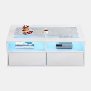Mesa de centro 100x50x35 cm - LED, 2 gavetas, prateleira dupla, vidro, arrumação aberta - Branco