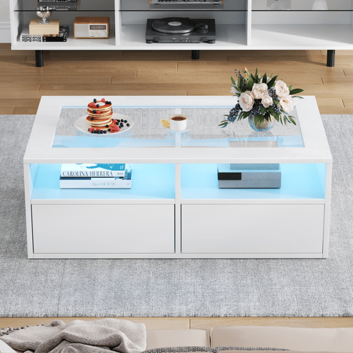 Mesa de centro 100x50x35 cm - LED, 2 gavetas, prateleira dupla, vidro, arrumação aberta - Branco