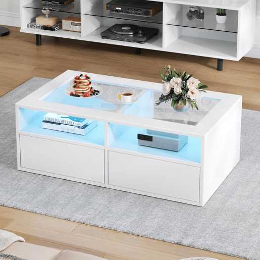 Mesa de centro 100x50x35 cm - LED, 2 gavetas, prateleira dupla, vidro, arrumação aberta - Branco