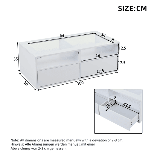 Mesa de centro 100x50x35 cm - LED, 2 gavetas, prateleira dupla, vidro, arrumação aberta - Branco