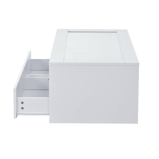 Mesa de centro 100x50x35 cm - LED, 2 gavetas, prateleira dupla, vidro, arrumação aberta - Branco