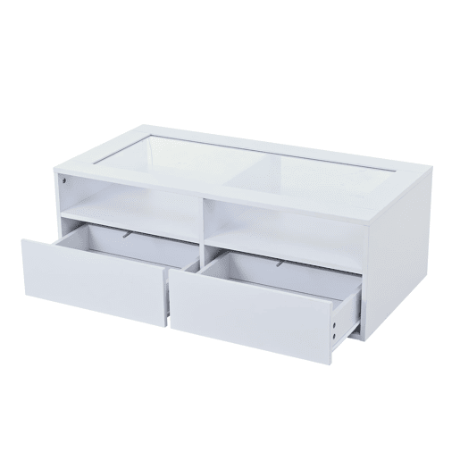 Mesa de centro 100x50x35 cm - LED, 2 gavetas, prateleira dupla, vidro, arrumação aberta - Branco