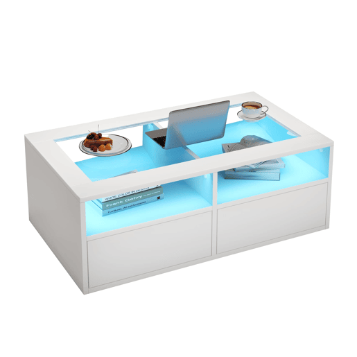 Mesa de centro 100x50x35 cm - LED, 2 gavetas, prateleira dupla, vidro, arrumação aberta - Branco