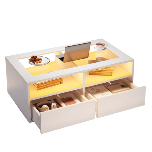 Mesa de centro 100x50x35 cm - LED, 2 gavetas, prateleira dupla, vidro, arrumação aberta - Branco