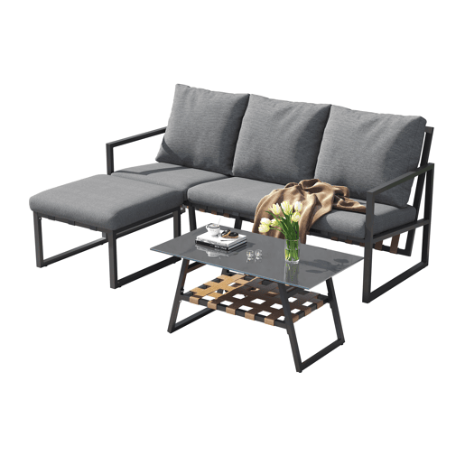 Conjunto de móveis de jardim - Sofá + Mesa de centro + Pufe - Estrutura em aço galvanizado, mesa em vidro - Cinza