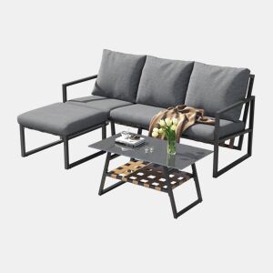 Conjunto de móveis de jardim - Sofá + Mesa de centro + Pufe - Estrutura em aço galvanizado, mesa em vidro - Cinza