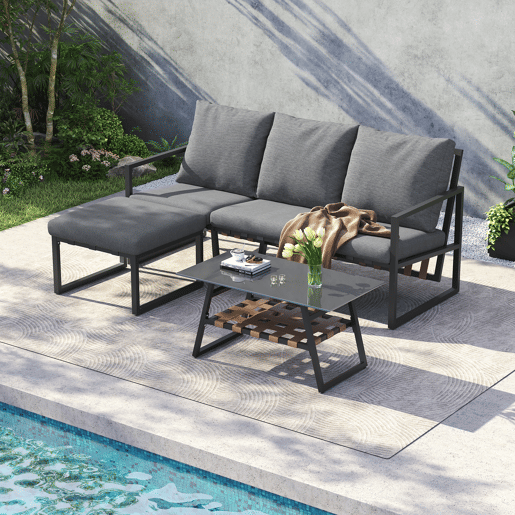 Conjunto de móveis de jardim - Sofá + Mesa de centro + Pufe - Estrutura em aço galvanizado, mesa em vidro - Cinza