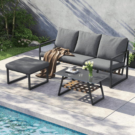 Conjunto de móveis de jardim - Sofá + Mesa de centro + Pufe - Estrutura em aço galvanizado, mesa em vidro - Cinza