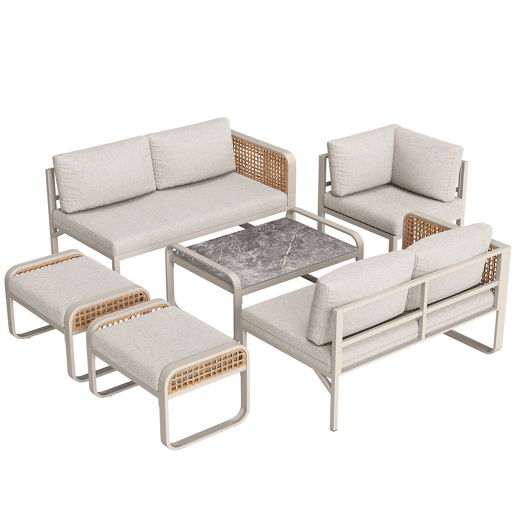 Conjunto de sala de estar para jardim para 6-7 pessoas - Sofá de canto com estrutura em ferro galvanizado, almofadas incluídas - Bege