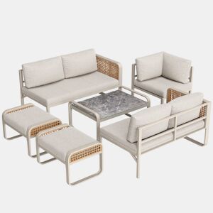 Conjunto de sala de estar para jardim para 6-7 pessoas - Sofá de canto com estrutura em ferro galvanizado, almofadas incluídas - Bege