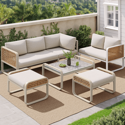 Conjunto de sala de estar para jardim para 6-7 pessoas - Sofá de canto com estrutura em ferro galvanizado, almofadas incluídas - Bege