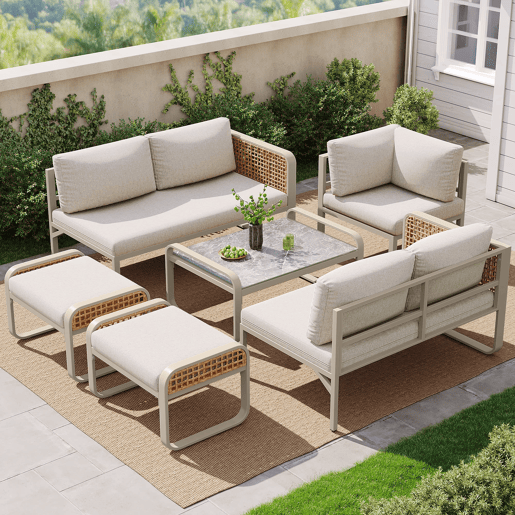 Conjunto de sala de estar para jardim para 6-7 pessoas - Sofá de canto com estrutura em ferro galvanizado, almofadas incluídas - Bege