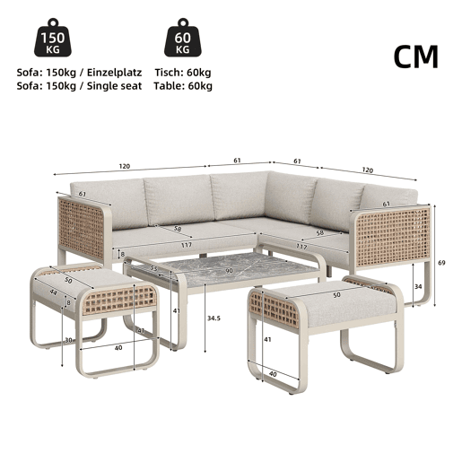 Conjunto de sala de estar para jardim para 6-7 pessoas - Sofá de canto com estrutura em ferro galvanizado, almofadas incluídas - Bege