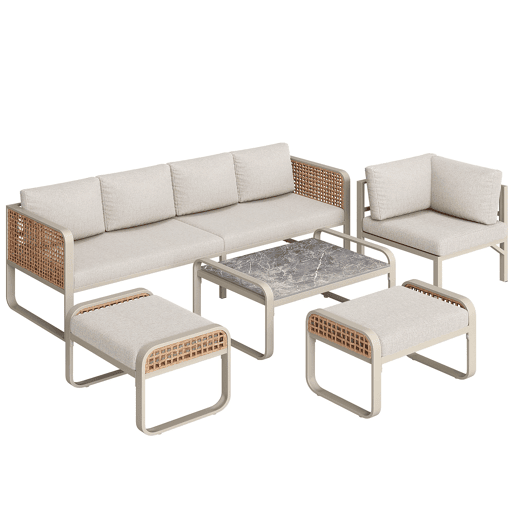Conjunto de sala de estar para jardim para 6-7 pessoas - Sofá de canto com estrutura em ferro galvanizado, almofadas incluídas - Bege