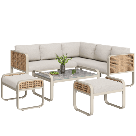 Conjunto de sala de estar para jardim para 6-7 pessoas - Sofá de canto com estrutura em ferro galvanizado, almofadas incluídas - Bege