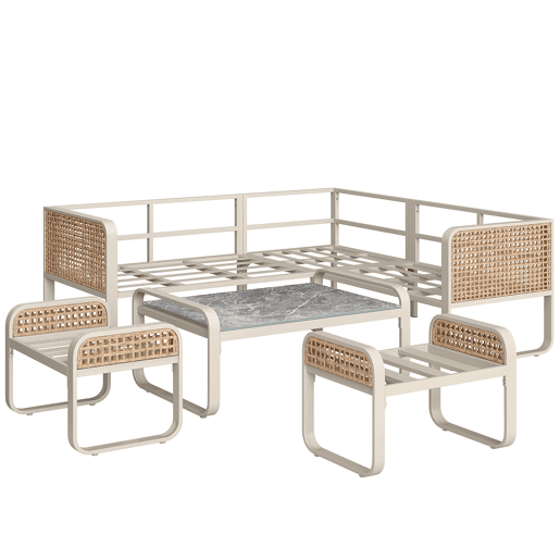 Conjunto de sala de estar para jardim para 6-7 pessoas - Sofá de canto com estrutura em ferro galvanizado, almofadas incluídas - Bege