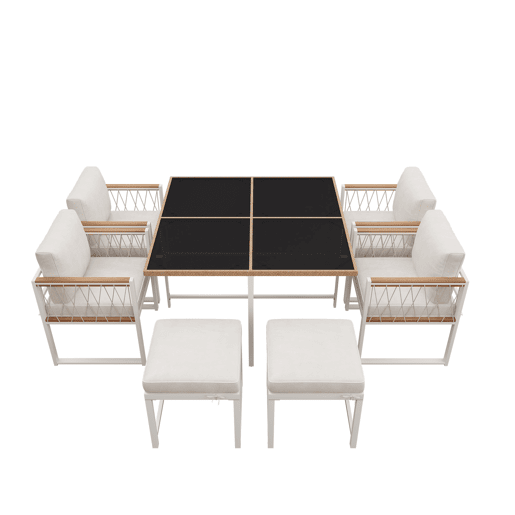 Conjunto de sala de jantar exterior de 7 peças - Mesa de vidro temperado com rebordo em rattan PE, tampo em acácia, para 6 pessoas - Natural+Branco