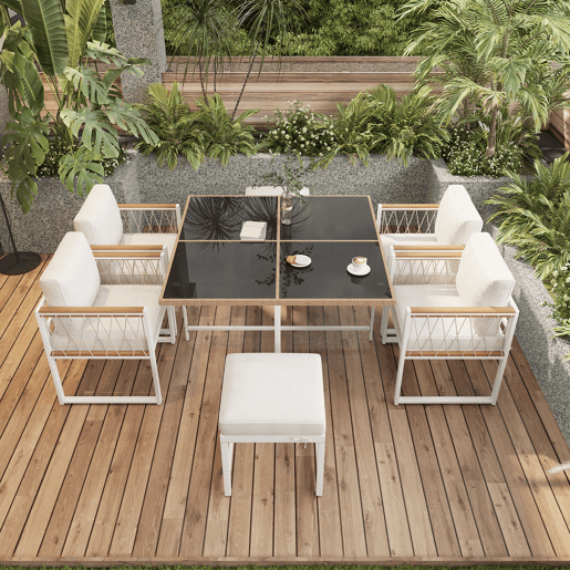 Conjunto de sala de jantar exterior de 7 peças - Mesa de vidro temperado com rebordo em rattan PE, tampo em acácia, para 6 pessoas - Natural+Branco