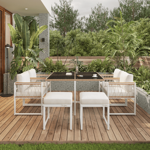 Conjunto de sala de jantar exterior de 7 peças - Mesa de vidro temperado com rebordo em rattan PE, tampo em acácia, para 6 pessoas - Natural+Branco