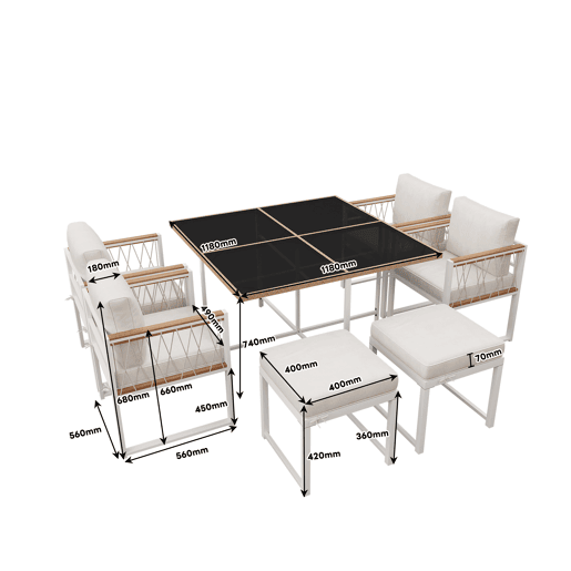 Conjunto de sala de jantar exterior de 7 peças - Mesa de vidro temperado com rebordo em rattan PE, tampo em acácia, para 6 pessoas - Natural+Branco